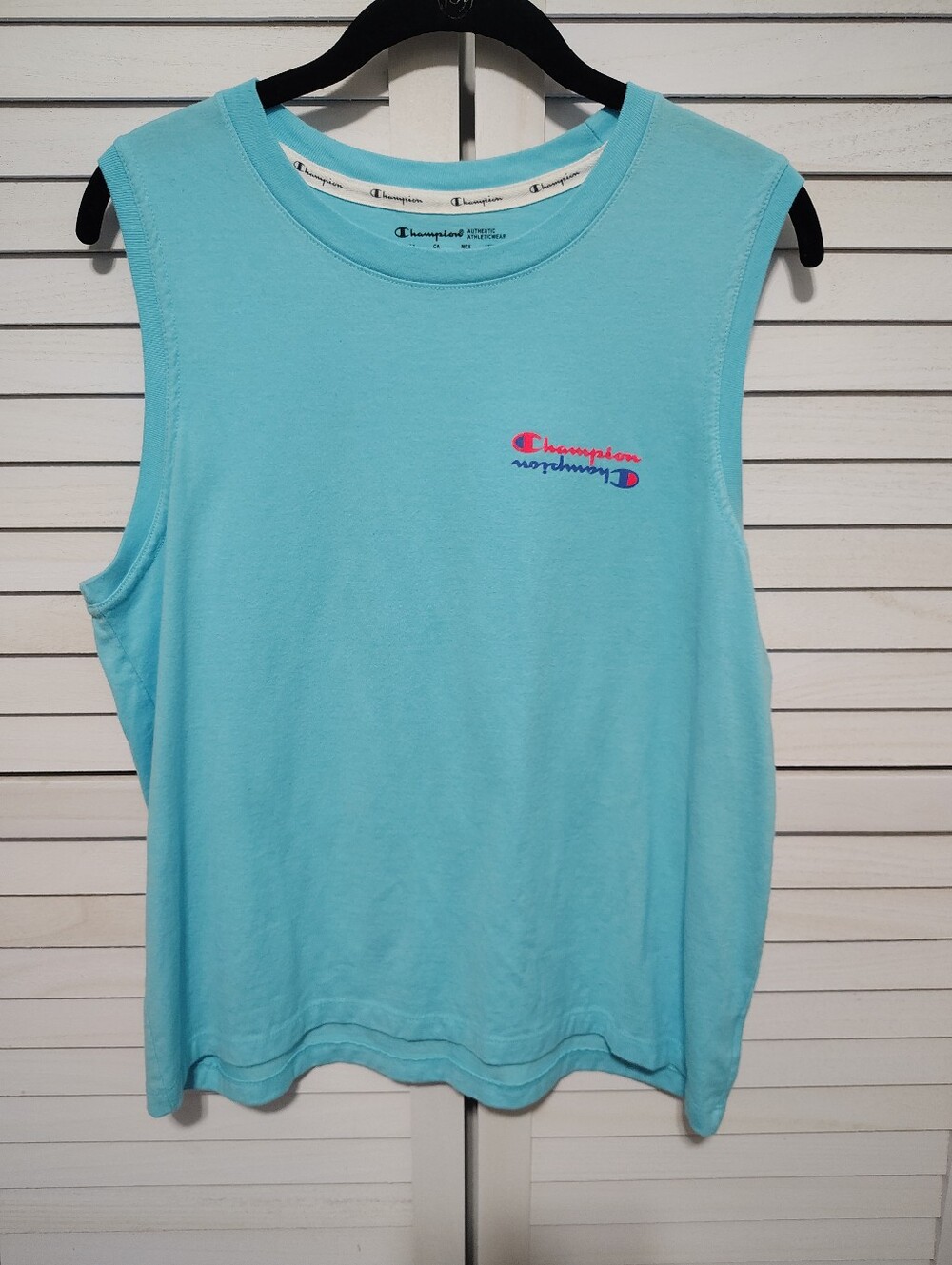 Champion Women’s Muscle Tee in Aqua Blue with Pink Logo